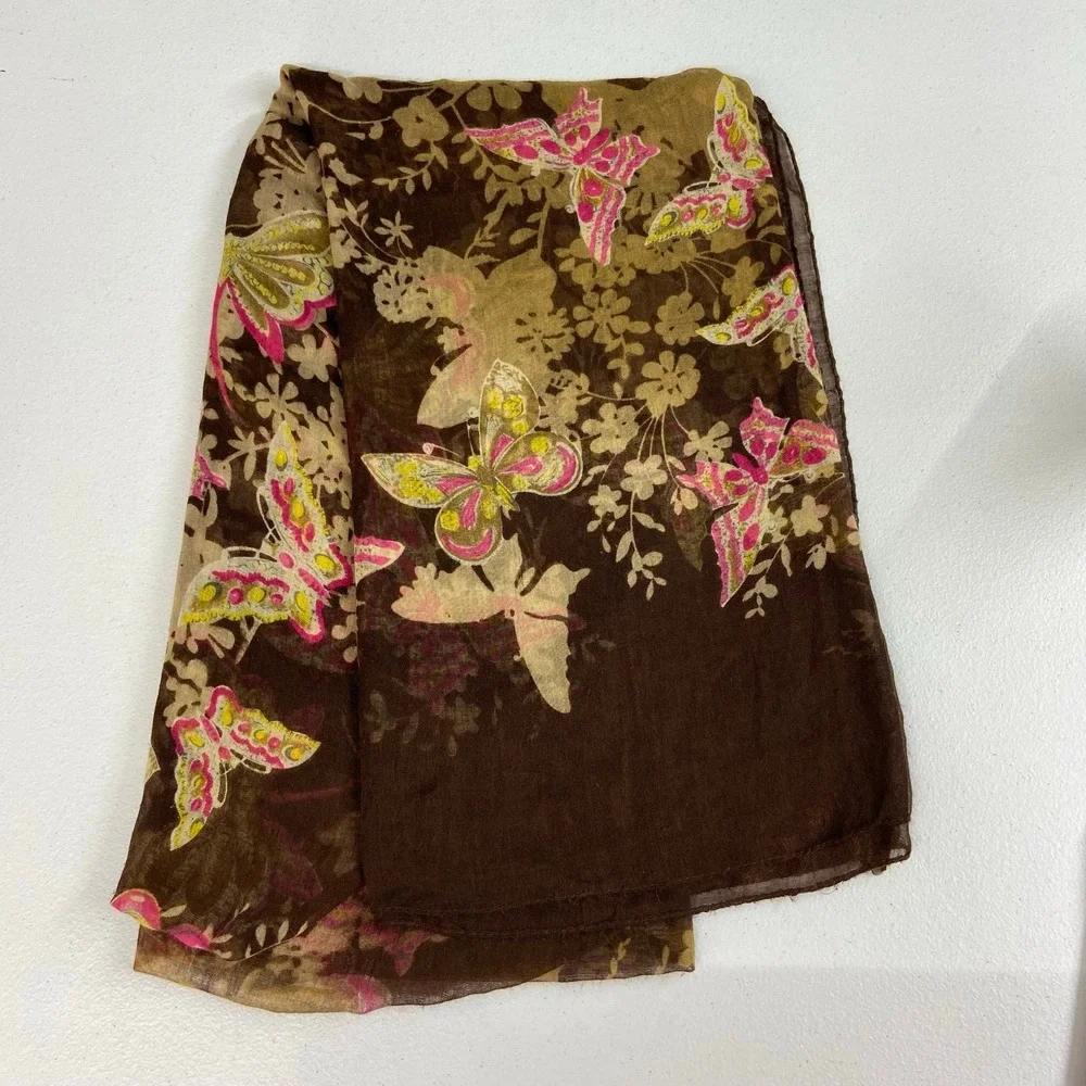Charming Charlie Brown Butterfly Print Scarf with Pink and Yellow Accents - Picture 1 of 4
